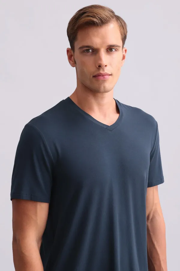 T-shirt égyptien pour homme, col en V, modal, bleu marine