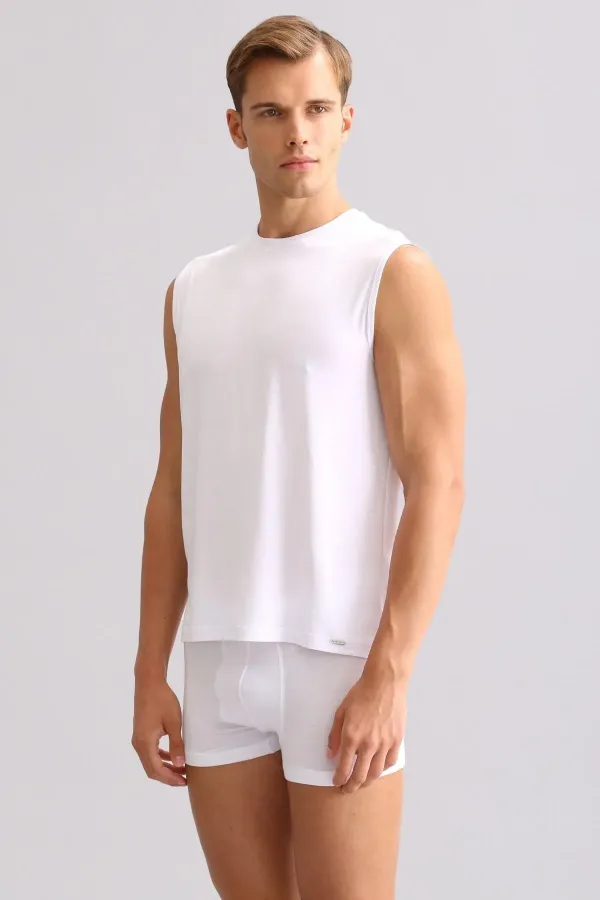 Débardeur/T-shirt de sport blanc à col rond, coupe classique, en bambou égyptien Zeus Luxury