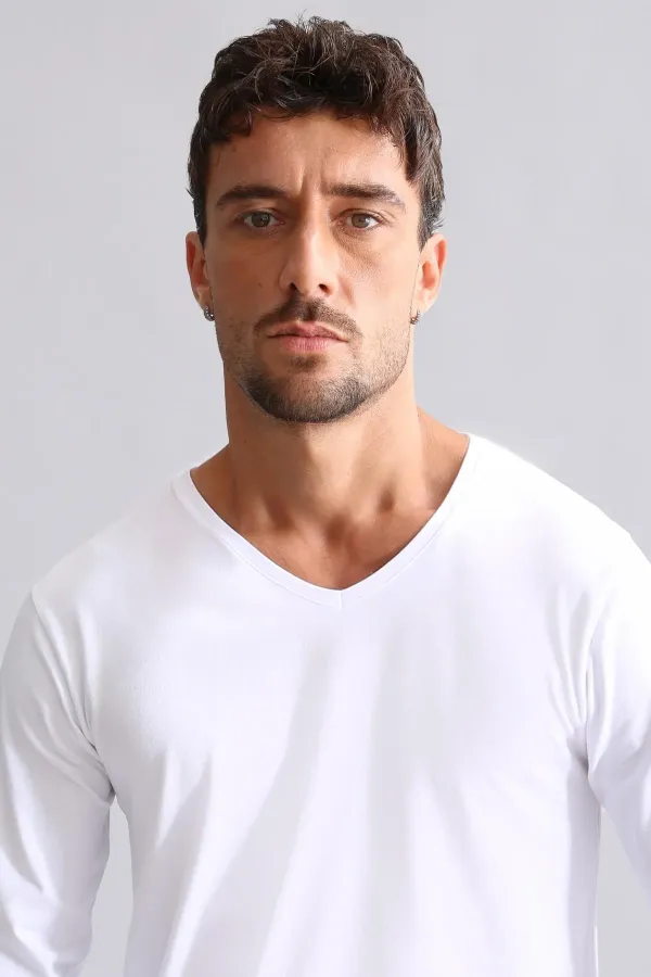 Mısırlı Modal By TENCEL HERCULES Slim Fit V Yaka Uzun Kollu Fanila / T-Shirt Beyaz