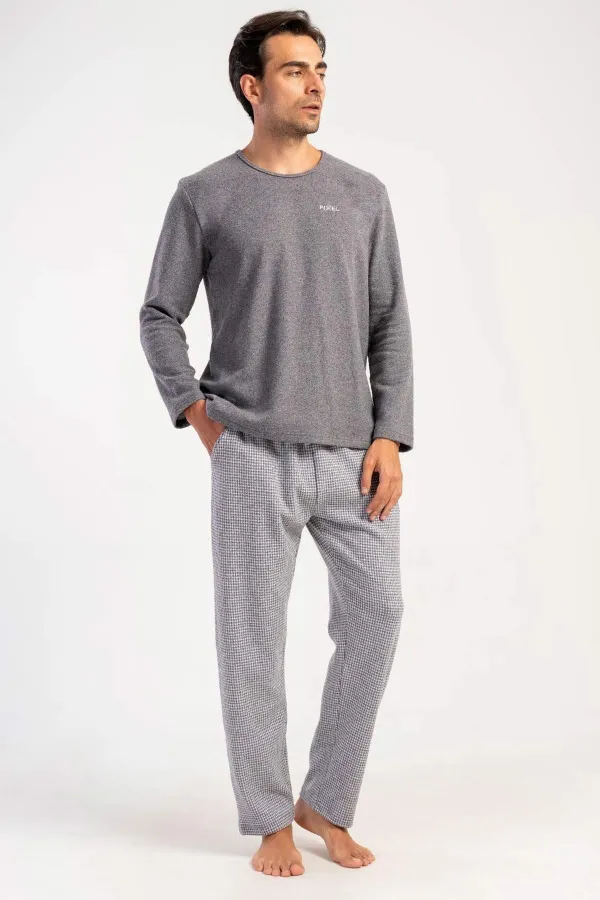 Mısırlı Men's Interlock Micro-Patterned Long-Sleeve Pajama Set Grey