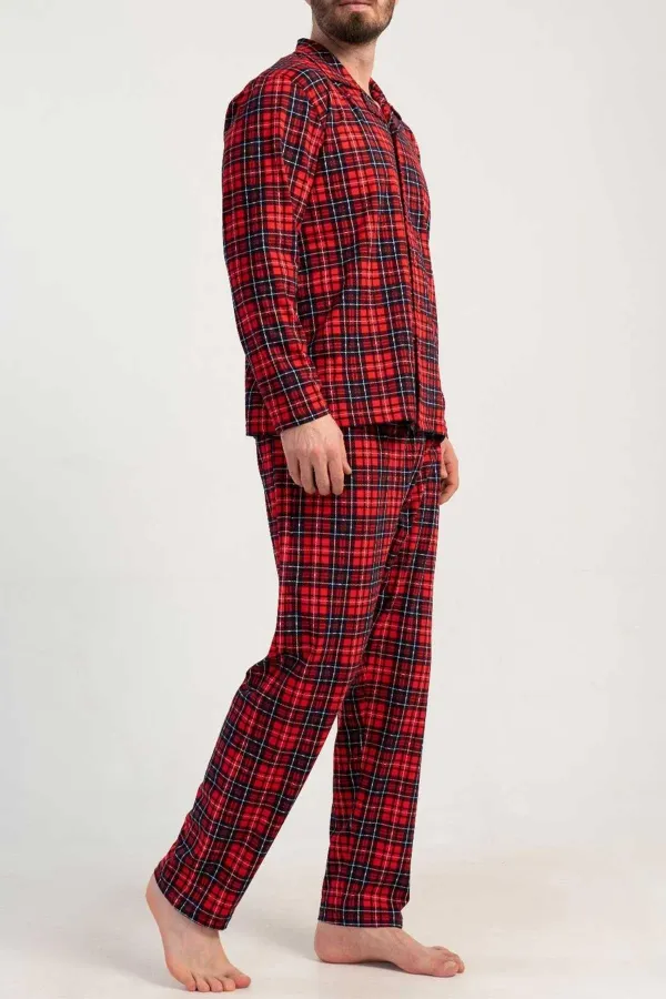 Ensemble pyjama rouge à carreaux en coton égyptien pour homme, chemise à manches longues