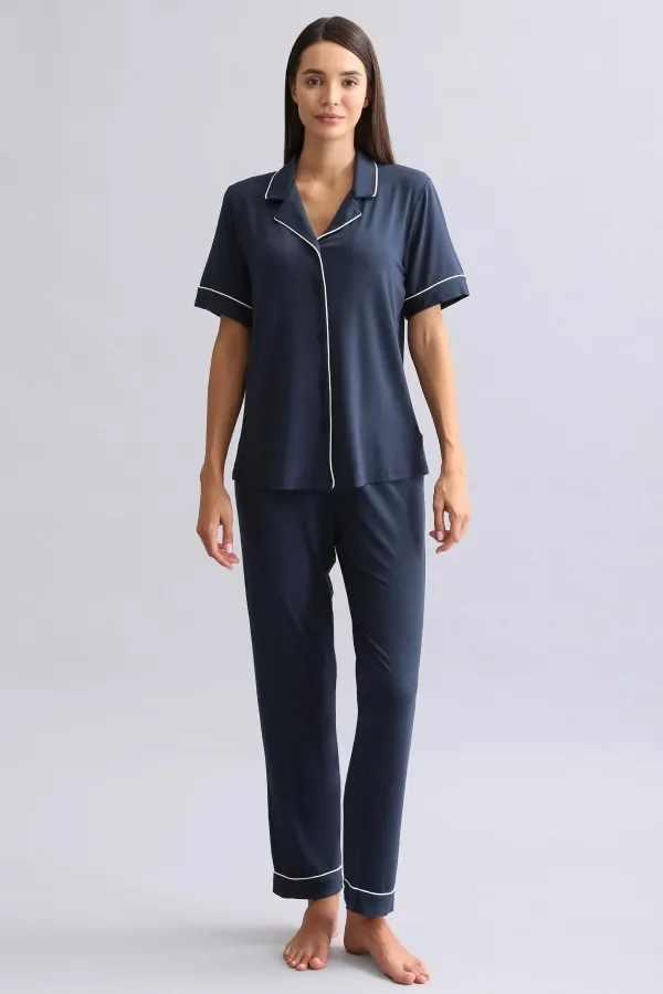 Chemise égyptienne à manches courtes en modal, bleu marine