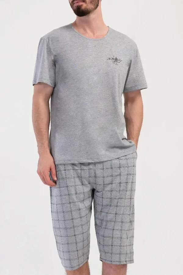 Ensemble Capri à manches courtes à carreaux pour homme, gris chiné, style égyptien