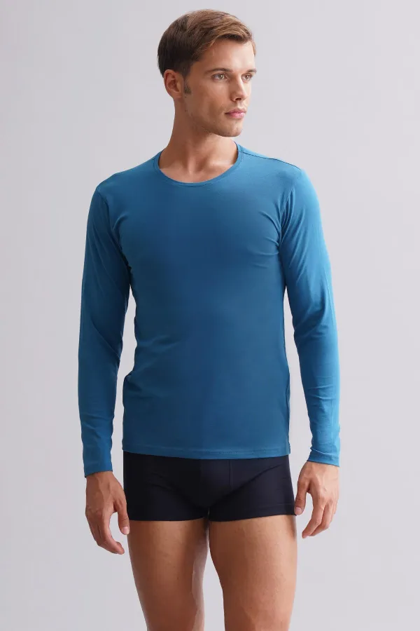 Mısırlı Modal By TENCEL HERCULES Slim Fit Bisiklet Yaka Uzun Kollu Fanila / T-Shirt Petrol Mavisi