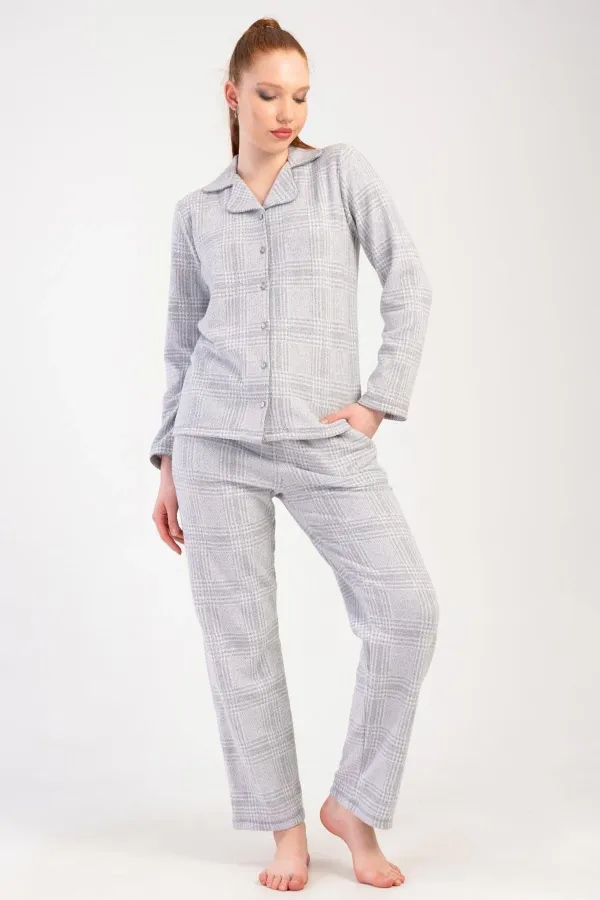 Mısırlı Kadın İnterlok Uzun Kollu Gömlek Pijama Takımı Açık Gri