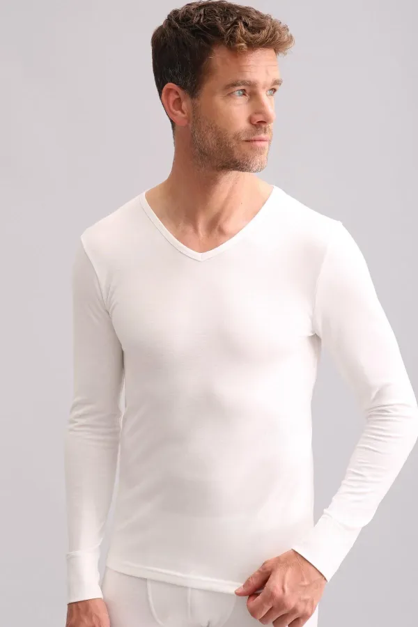 Sous-vêtement thermique à manches longues et col en V en bambou égyptien, écru