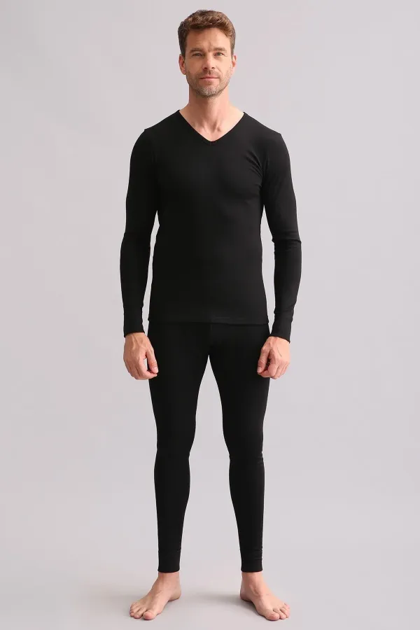 Sous-vêtement thermique en bambou égyptien à col en V et manches longues, noir