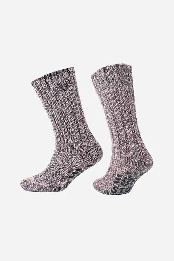 Chaussettes d'hiver roses en laine mérinos pour femmes, chaudes et isolantes, avec semelle antidérapante.