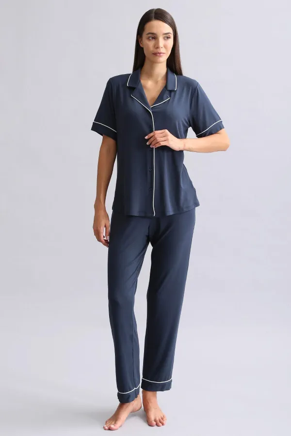 Chemise égyptienne à manches courtes en modal, bleu marine