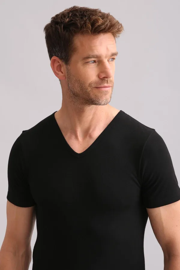 Mısırlı BAMBU TERMAL V Yaka Fanila / T-Shirt Siyah