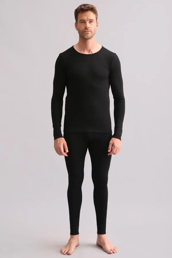 Sous-vêtement/sweat-shirt thermique noir en bambou égyptien à col rond et manches longues