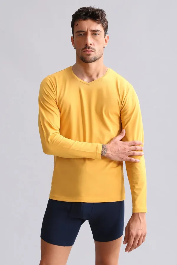 Débardeur/T-shirt à manches longues et col en V, coupe ajustée, en modal égyptien TENCEL HERCULES, couleur moutarde