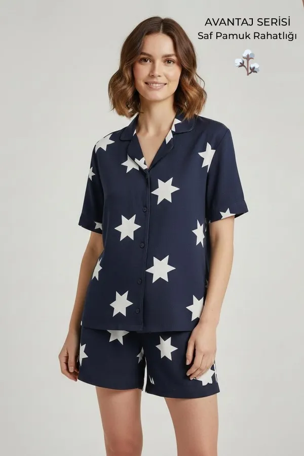 Pamuklu Kısa Kollu Gömlek Şortlu Takım Lacivert