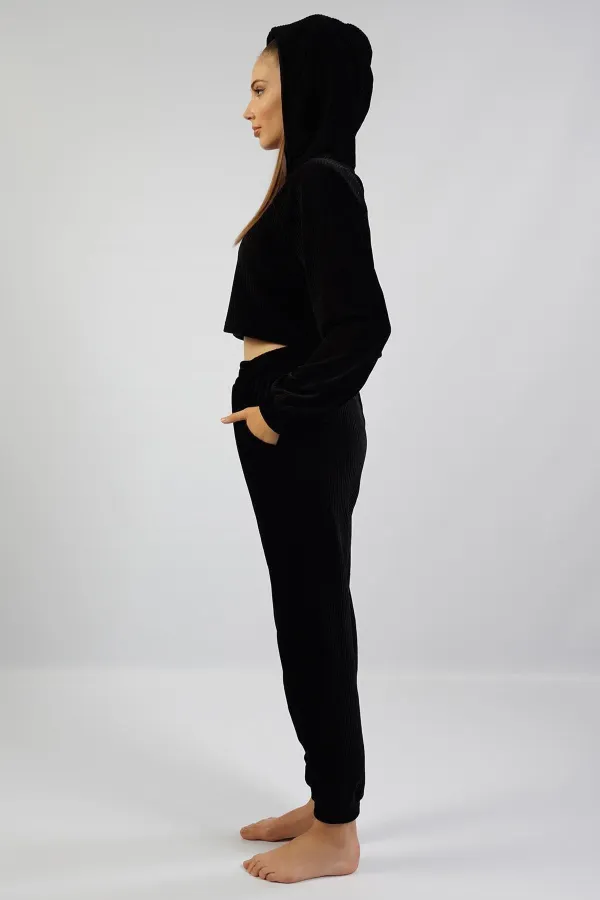 Mısırlı Kadın Kadife Uzun Kollu Pijama Takımı Siyah