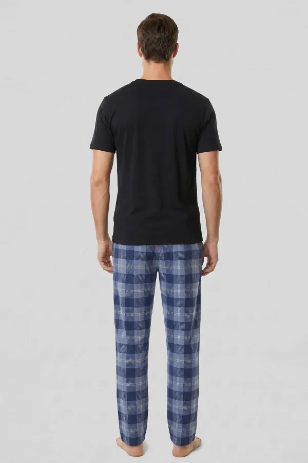 Mısırlı Erkek Pamuk Ekoseli Alt Pijama Mavi