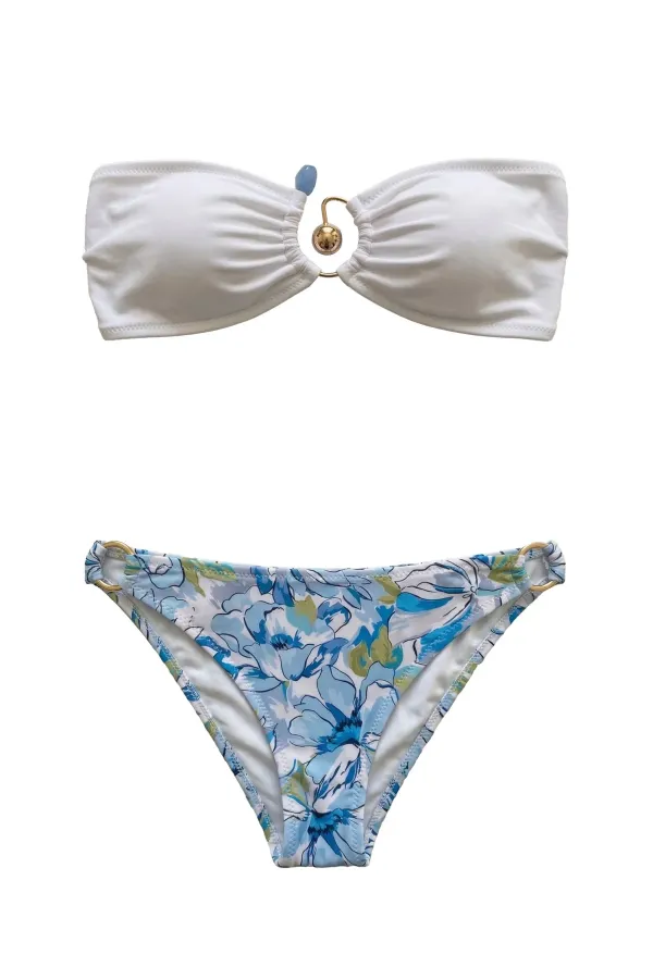 Mısırlı Aksesuarlı Soft Straplez Bikini Takım Beyaz/Mavi