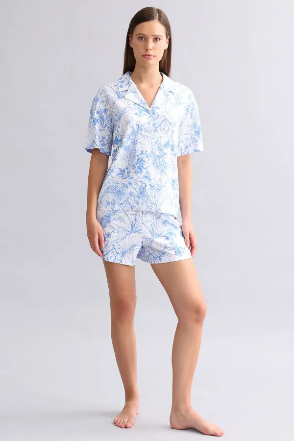 Mısırlı Kadın Pamuk Gömlek Şort Takım Mavi