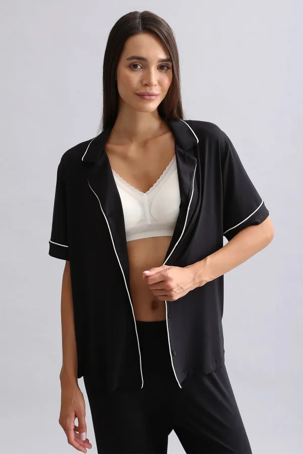 Mısırlı Kadın Bambu Kısa Kol Gömlek Siyah