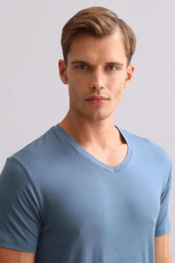 Mısırlı ORGANIC Pamuklu ZEUS LUXURY Regular Fit V Yaka Fanila / T-Shirt Gece Mavisi