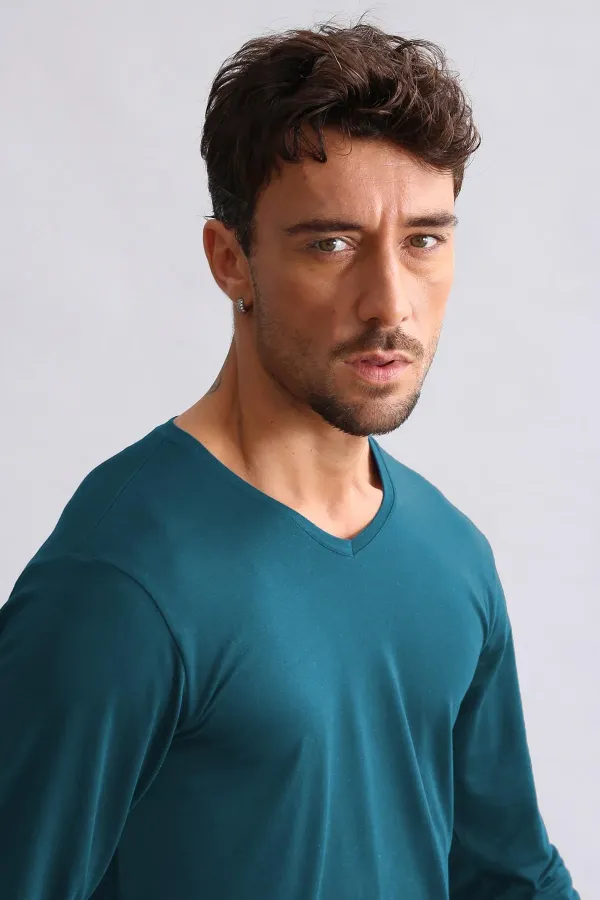 Débardeur/T-shirt à manches longues et col en V, coupe ajustée, en modal égyptien TENCEL HERCULES, vert