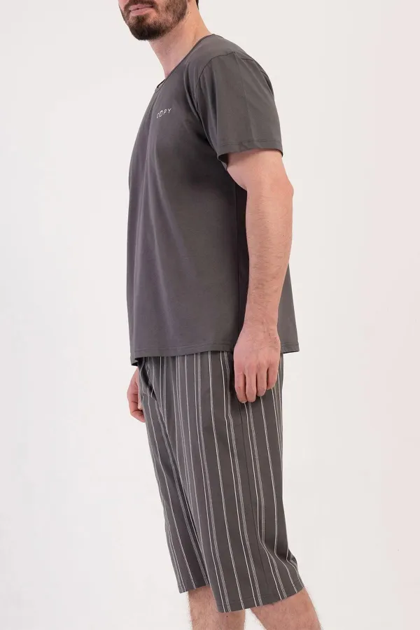 Mısırlı Erkek Pamuklu Çizgili Kısa Kollu Kapri Takım Füme