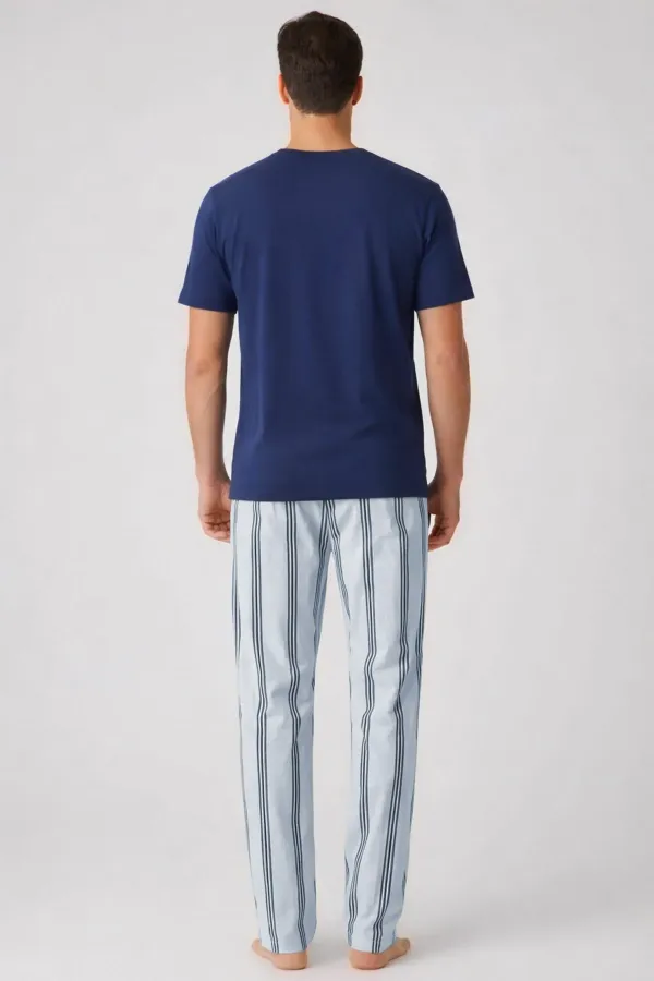 Mısırlı Erkek Pamuklu Bisiklet Yaka Çizgili Pijama Takım Lacivert/Mavi