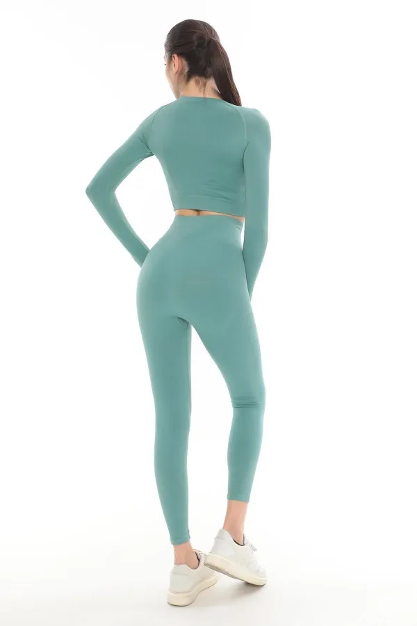 Mısırlı Kadın Uzun Kollu Spor Tayt Takımı Çağla Yeşili