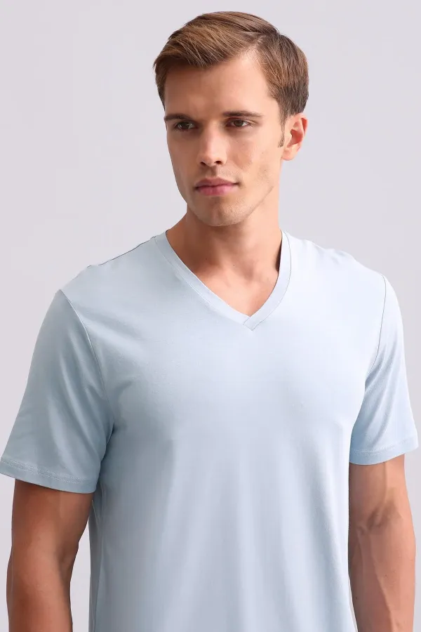 Mısırlı Erkek Bambu V Yaka Tişört Mavi