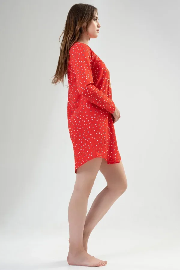 Mısırlı Kadın Pamuklu Uzun Kollu Sabahlık Kırmızı