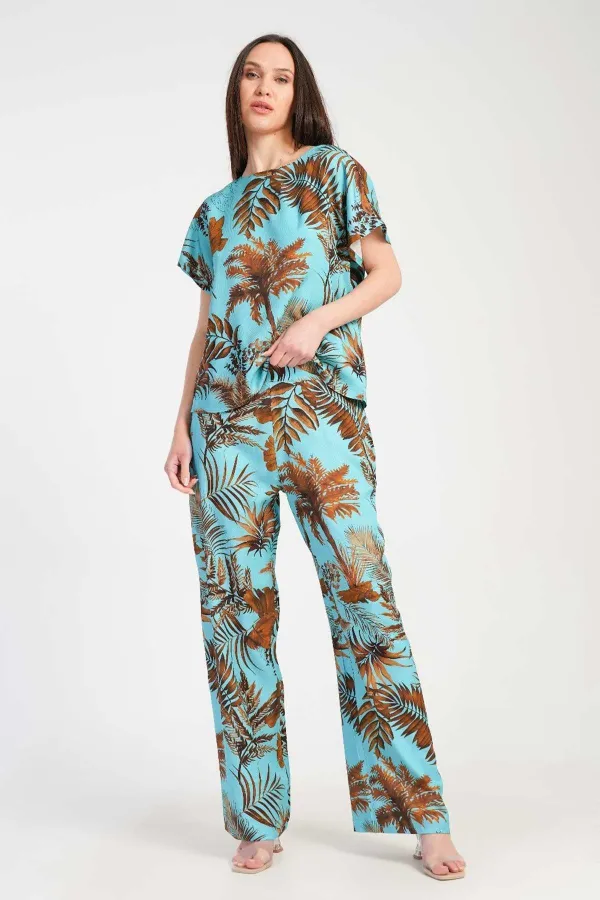 Mısırlı Kadın Viskon Desenli Pantolon Takımı Turkuaz