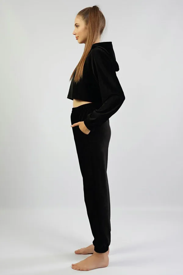 Mısırlı Kadın Kadife Uzun Kollu Pijama Takımı Siyah