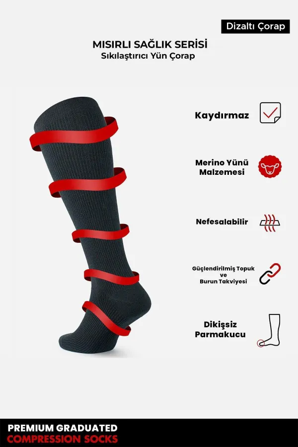 Mısırlı Unisex Merino Yününden, Özel Sıkılaştırıcı Teknolojiyle Uçuş Ve Pilot Çorabı Siyah