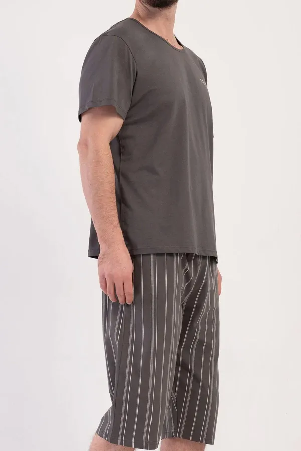 Mısırlı Erkek Pamuklu Çizgili Kısa Kollu Kapri Takım Füme