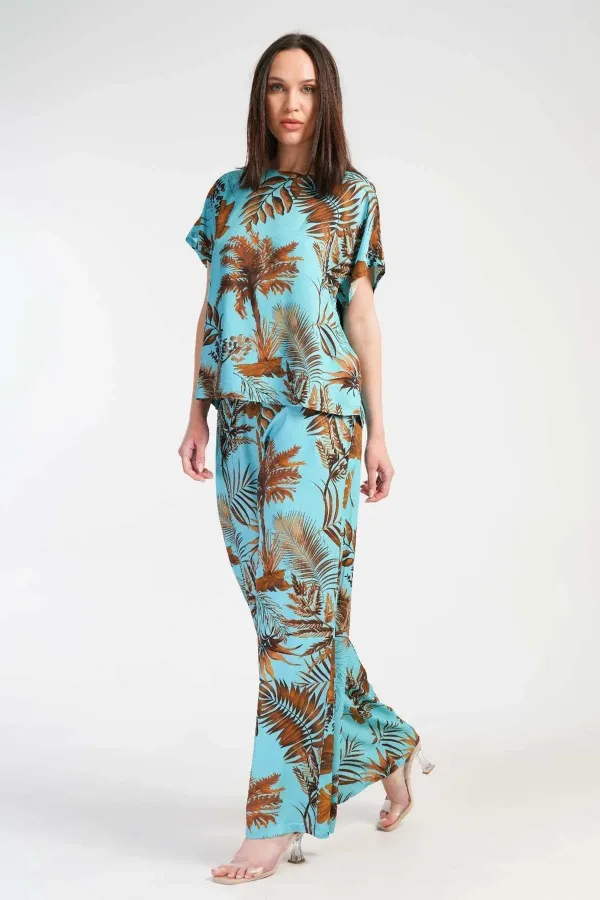 Mısırlı Kadın Viskon Desenli Pantolon Takımı Turkuaz