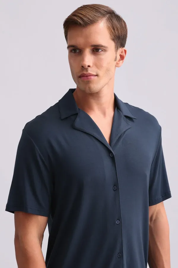 Chemise égyptienne pour homme en modal à manches courtes, bleu marine