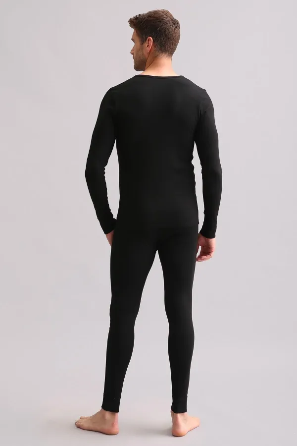 Sous-vêtement/sweat-shirt thermique noir en bambou égyptien à col rond et manches longues