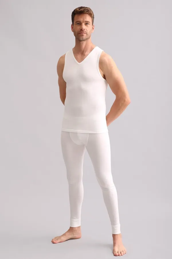 Débardeur/T-shirt de sport thermique en bambou égyptien à col en V, écru