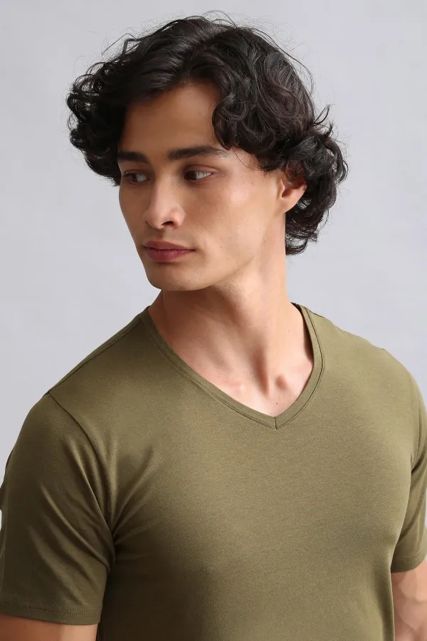 Mısırlı ORGANIC Pamuklu HERCULES Slim Fit V Yaka Fanila / T-Shirt Koyu Haki