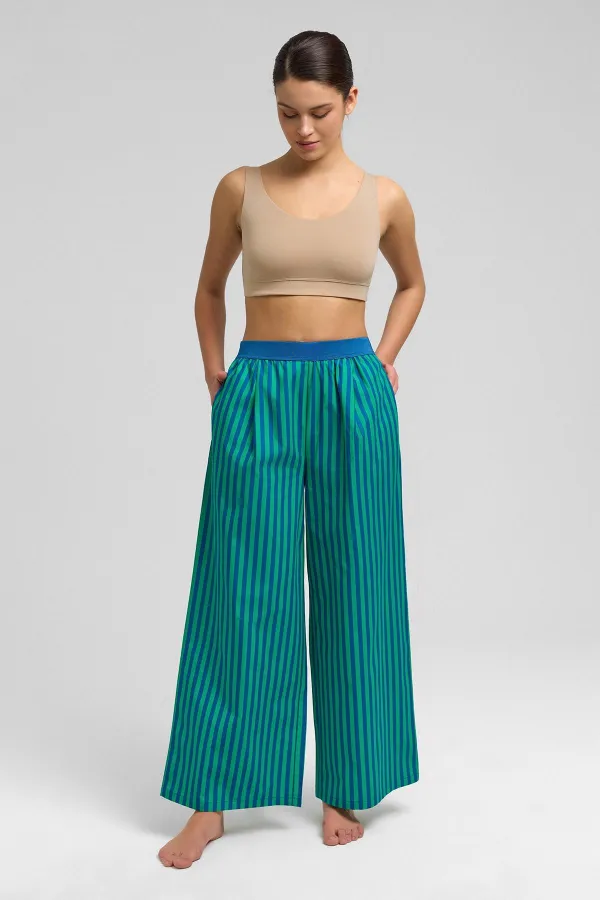 Women's Cotton Poplin Pleated Trousers Green/Navy