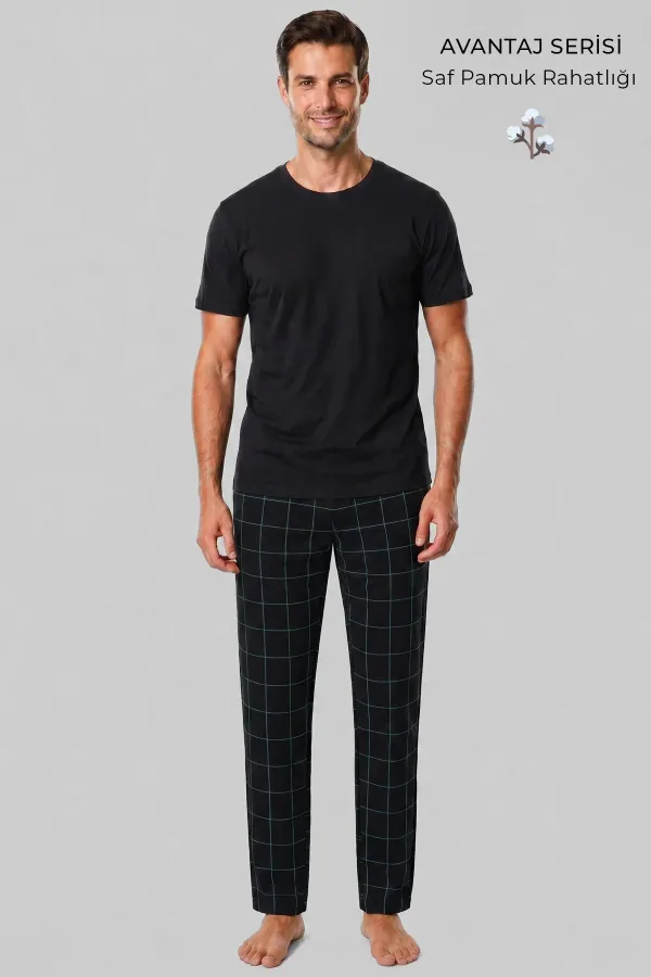 Mısırlı Erkek Pamuk İnce Ekoseli Alt Pijama Siyah-Mint Mısırlı Erkek Pamuk İnce Ekoseli Alt Pijama Siyah-Mint