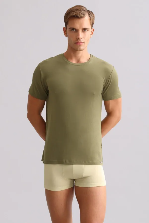 T-shirt/sous-vêtement ZEUS LUXURY en coton biologique égyptien, coupe classique, col rond, kaki olive