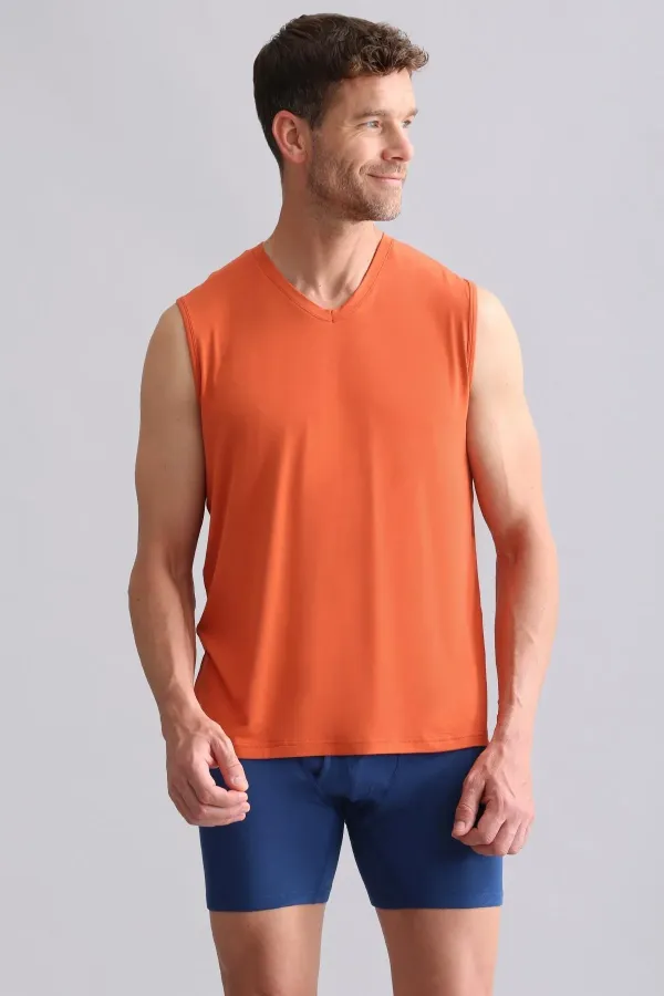 Débardeur/T-shirt de sport à col en V, coupe classique, couleur rouge rouille, en bambou égyptien ZEUS