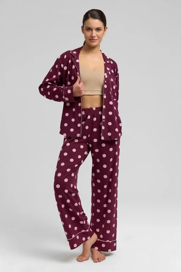 Mısırlı Women's Modal Polka Dot Pajama Set Burgundy