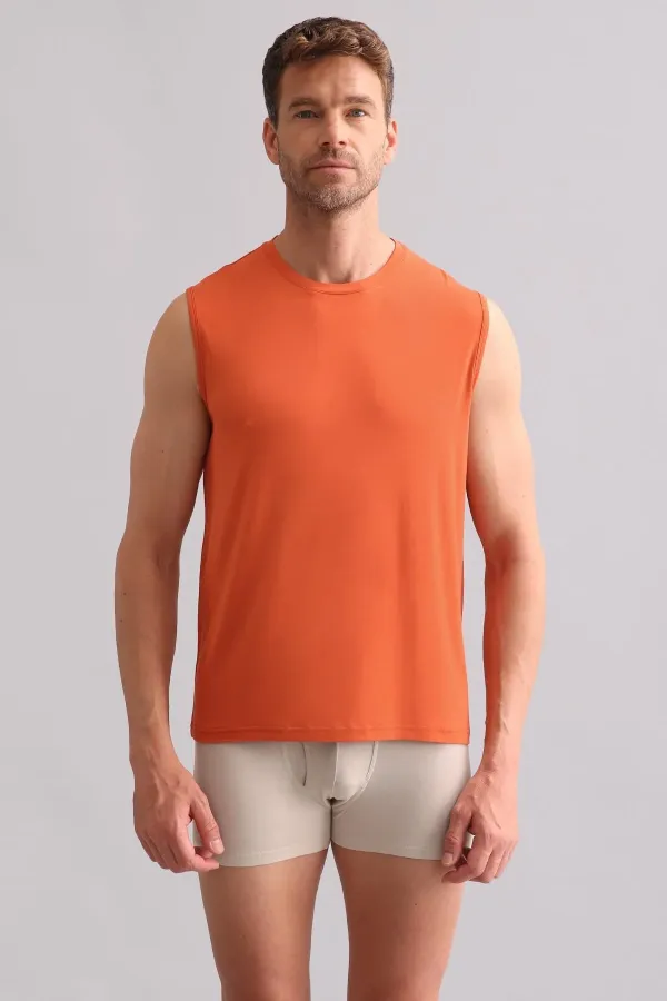 Débardeur/T-shirt de sport à col rond, coupe classique, couleur rouge rouille, en bambou égyptien ZEUS