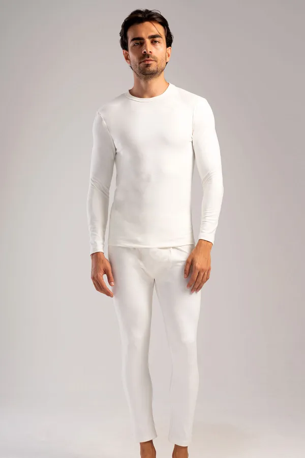 Ensemble de sous-vêtements homme à manches longues et col rond, écru