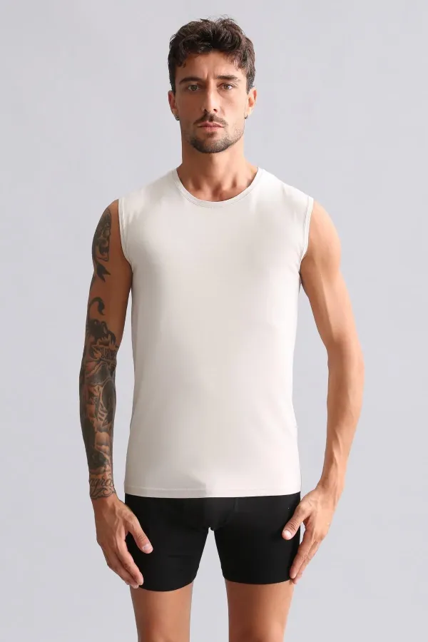 Débardeur/T-shirt de sport coupe ajustée à col rond en bambou égyptien Hercules, beige terre