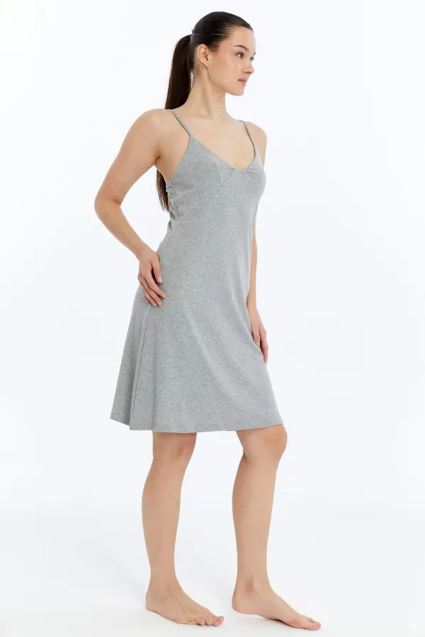 Chemise de nuit égyptienne côtelée à bretelles, gris chiné