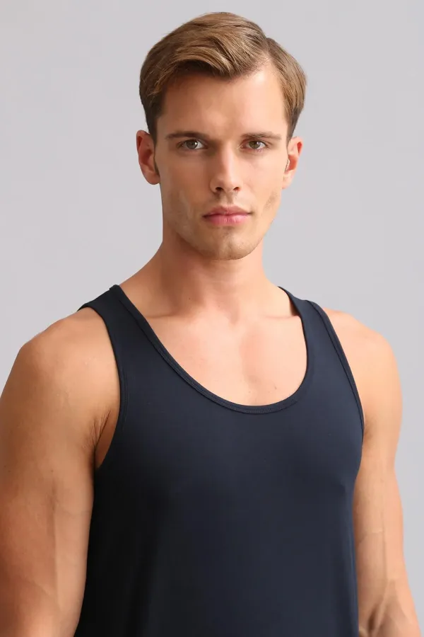 Débardeur basique coupe classique ZEUS LUXURY bleu marine, en coton biologique égyptien.