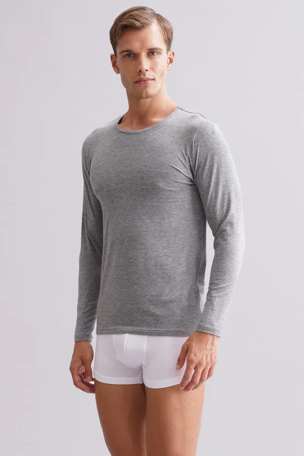 Mısırlı Modal By TENCEL HERCULES Slim Fit Bisiklet Yaka Uzun Kollu Fanila / T-Shirt Gri Melanj