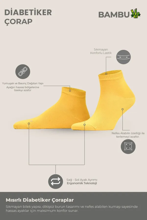Unisex Bambu Diyabetik Sneaker Çorap Hardal